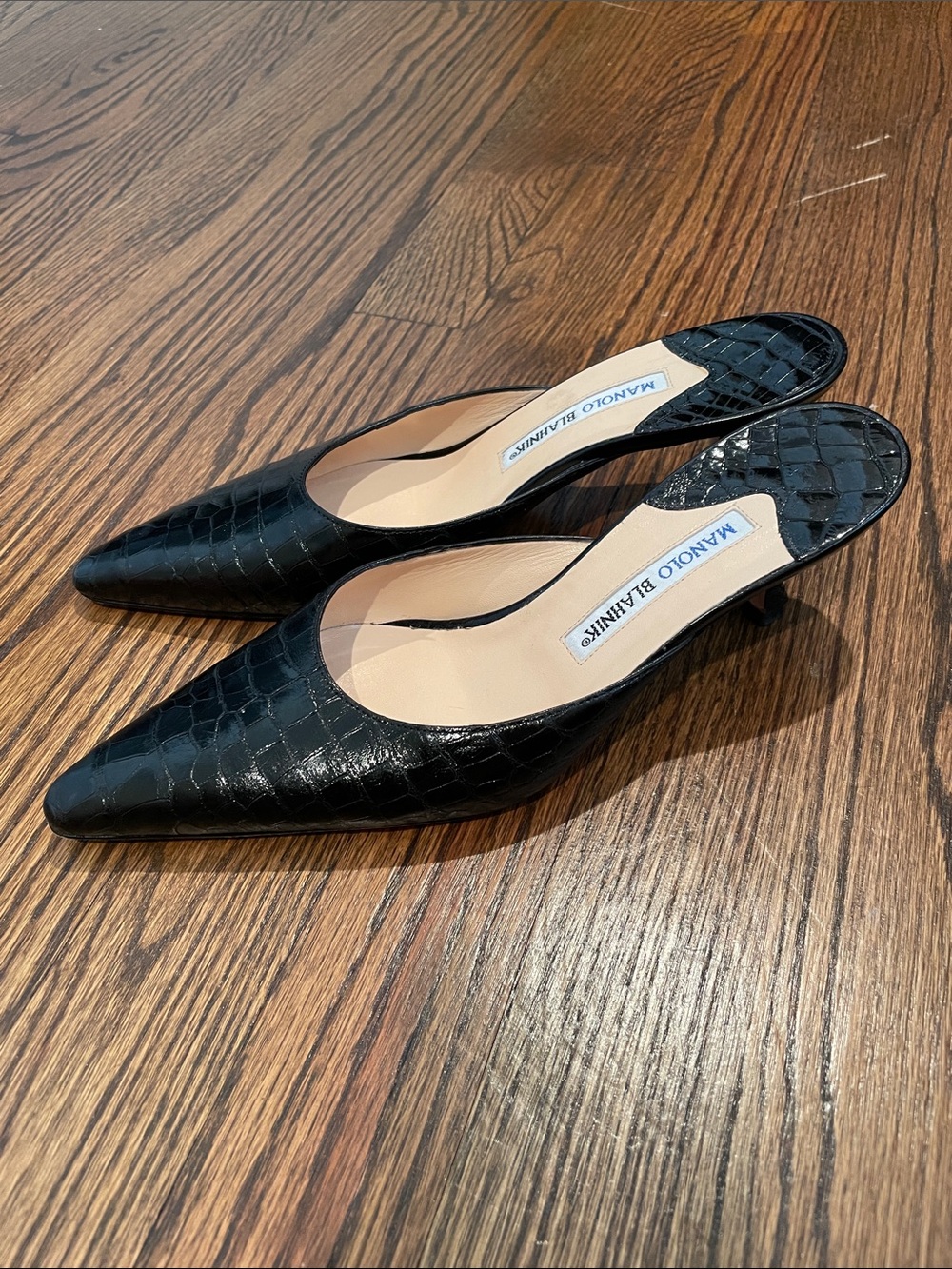 Manolo Blahnik Black Croc-Embossed Pointed-Toe Kitten Heel Mules
